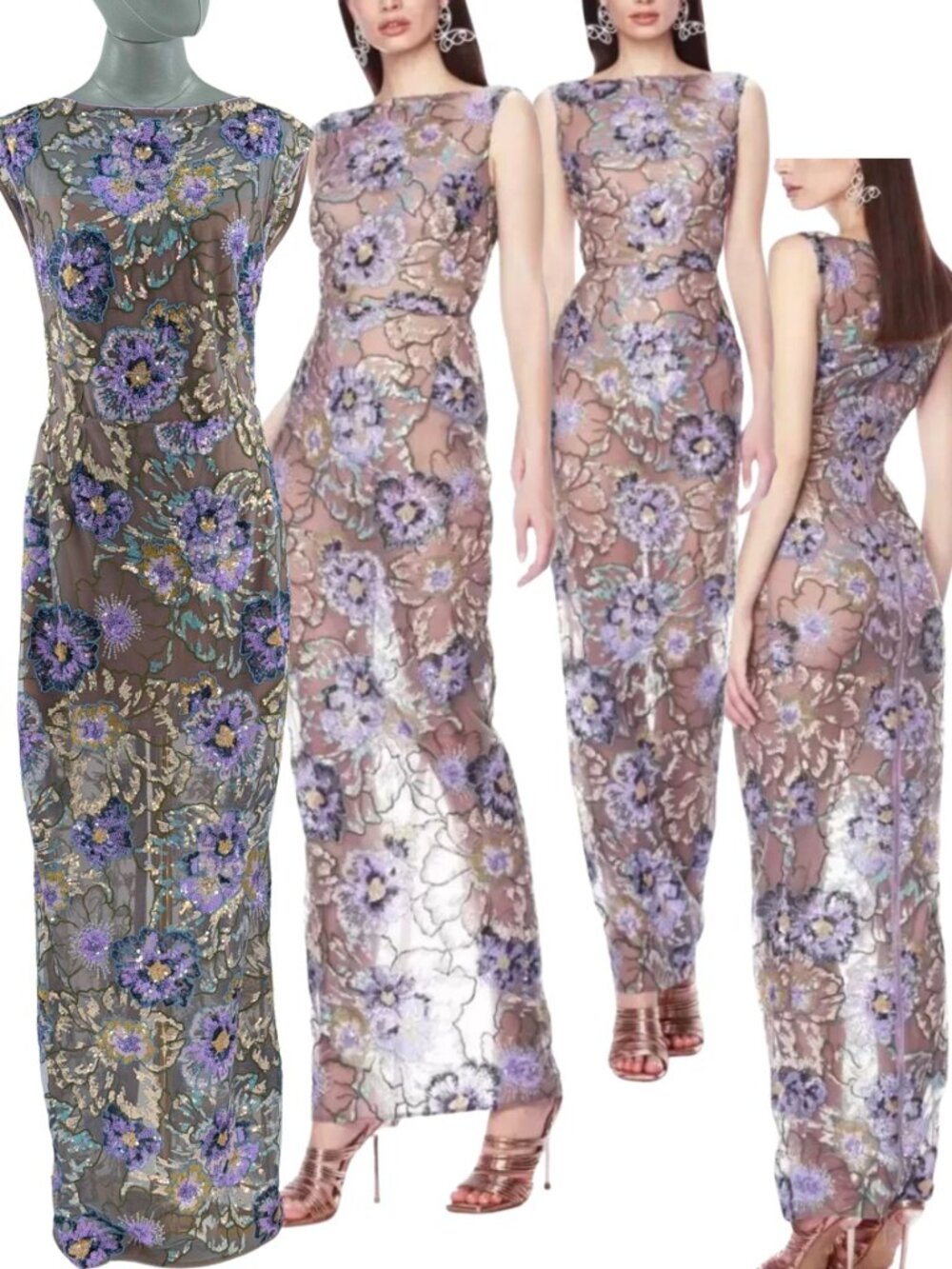 🆕 BRONX & BANCO 🧿 NWOT Violet Floral Sequin Maxi Dress, Purple - Sz L US 8